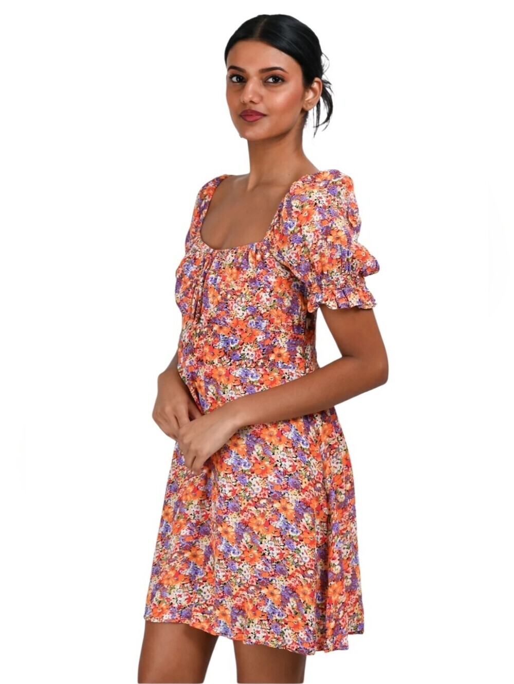 Faithful the Brand Iris Floral crepe mini Dress orange purple white cottagecore